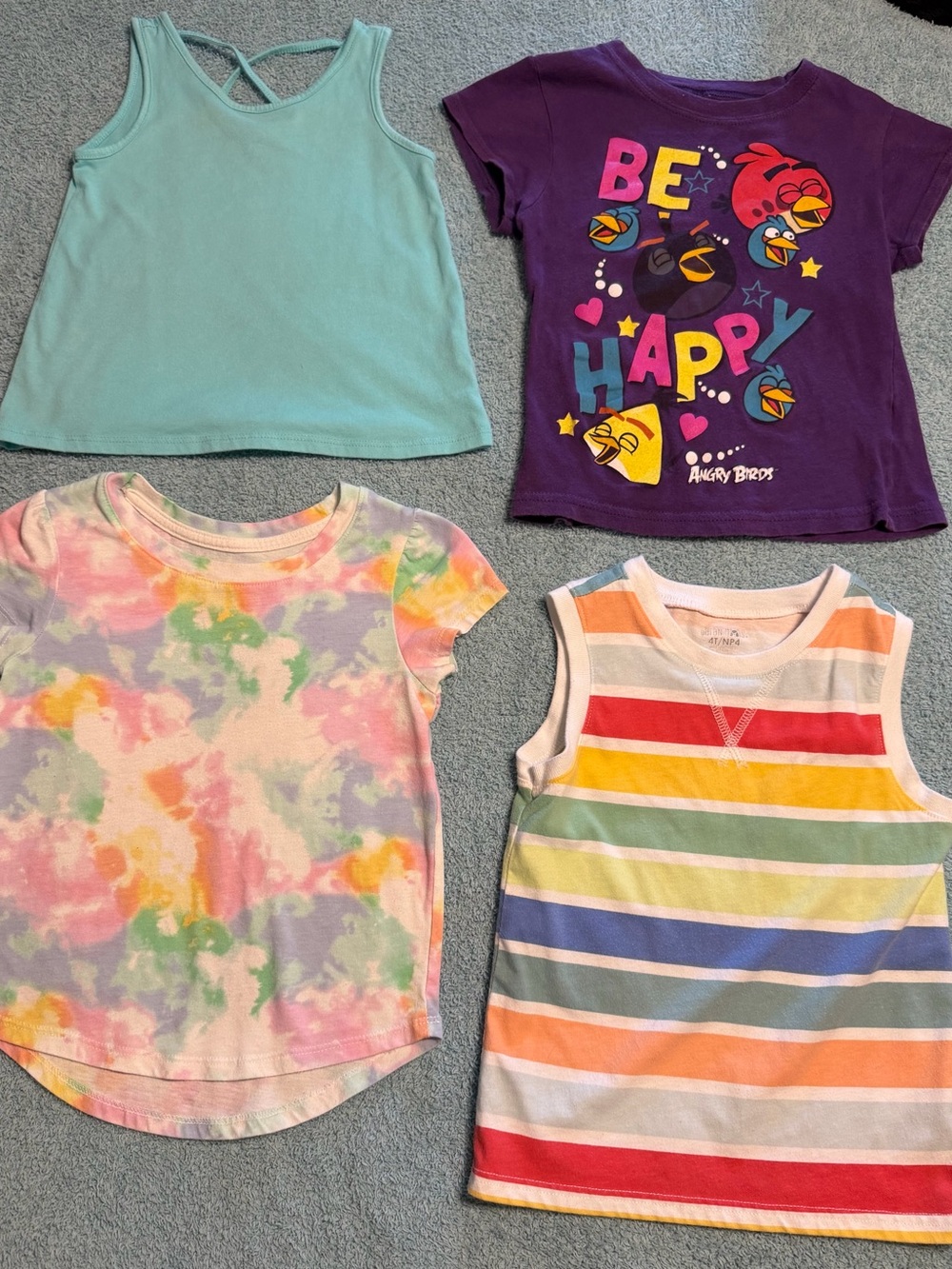 Lot of 4 Girls Shirts Angry Birds Tie Dye Striped Purple Teal Blue 4T Bundle